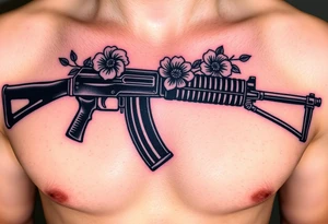 ak 47 black silhouette with floreal details tattoo idea