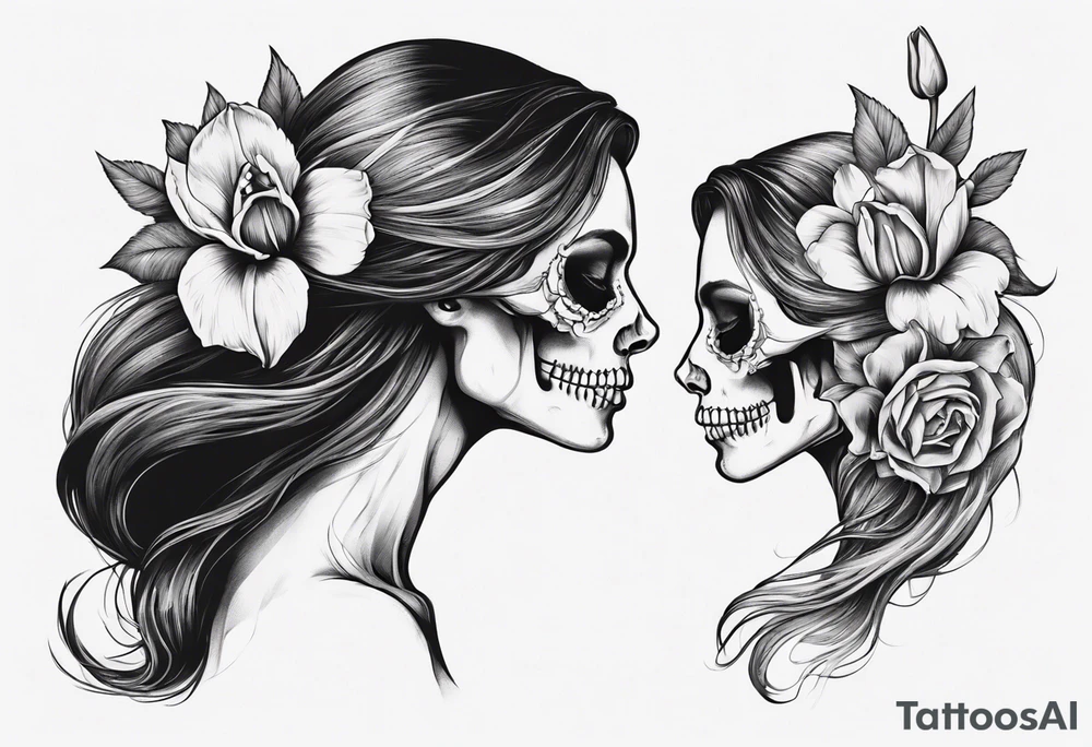 sideview of female skull with long open hair and tulip sign on neck and catrina painting, friendly mood tattoo idea