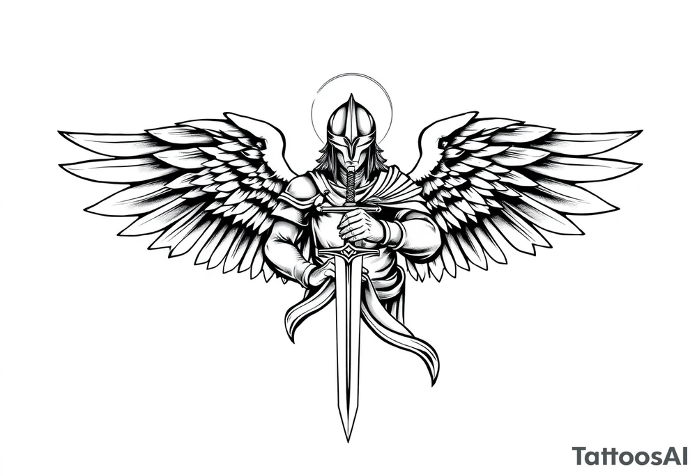 Holy Archangel, Biblical, Christianity, Hebrew, Guards of Christianity, Holding a sword, has six wings, wearing helmet, halo, seraphim, seek justice, walk only with God tattoo idea