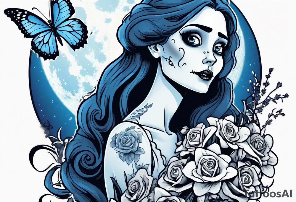 corpse bride Emily holding a bouquet of flowers. one white daisy in the bouquet. one blue butterfly. A full moon on the background. full grown tattoo idea