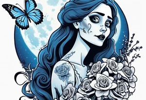 corpse bride Emily holding a bouquet of flowers. one white daisy in the bouquet. one blue butterfly. A full moon on the background. full grown tattoo idea