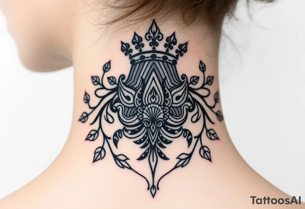 Queen of spades with powerful crown surrounded by ivy tattoo idea