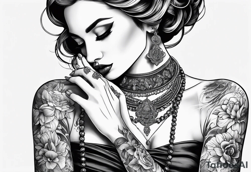 Praying woman with hands holding necklace tattoo idea