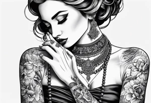 Praying woman with hands holding necklace tattoo idea
