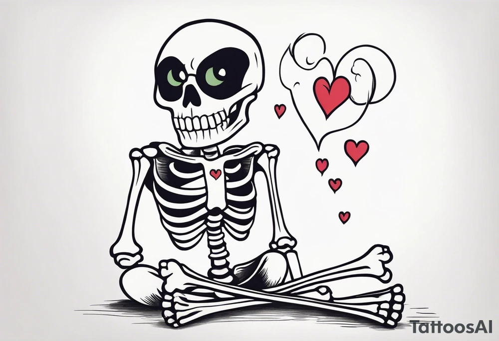 One skeleton with eyes in the shape of hearts, one skeleton sitting tattoo idea