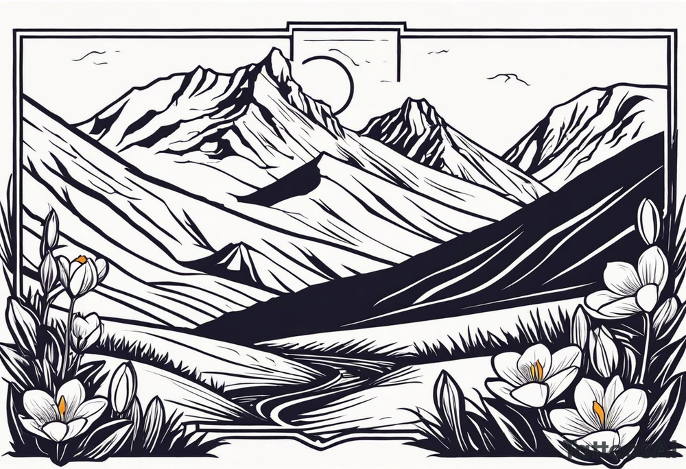 composition with mountain (Gran Sasso) with Crocus flowers, and an explorer trekking. Background in rectangular g shape. Do not enter rivers and trees. Do it in color. The design style must be that of Old School Traditional Tattoo. tattoo idea