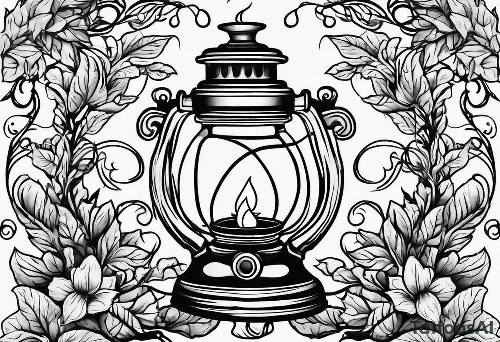 Oil lamp surrounded by leafy vines tattoo idea