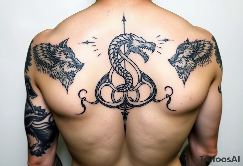 Wolf 🐺: strength, loyalty, family, and freedom

Ouroboros 🐍: signifies the perpetual cycle of creation and destruction, life and death, and the unity of opposites.

Triskelion: Cycles of life
Sleeve for men tattoo idea