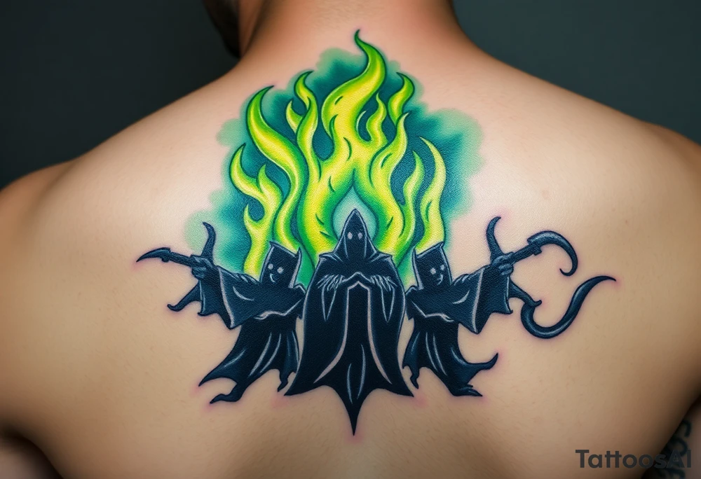 A Dark Mark engulfed in eerie green flames, with shadowy figures holding magic wand prepering for the fight in the smoke tattoo idea