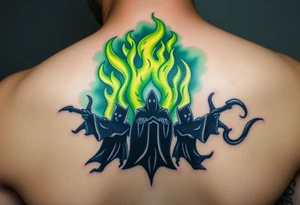 A Dark Mark engulfed in eerie green flames, with shadowy figures holding magic wand prepering for the fight in the smoke tattoo idea
