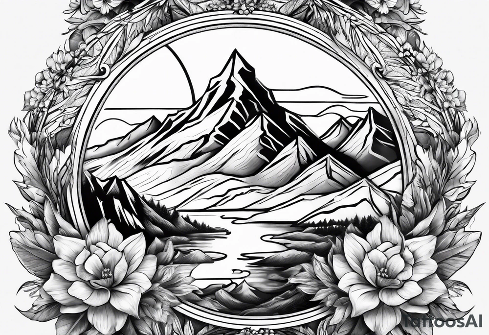 Compass mountains flowers tattoo idea