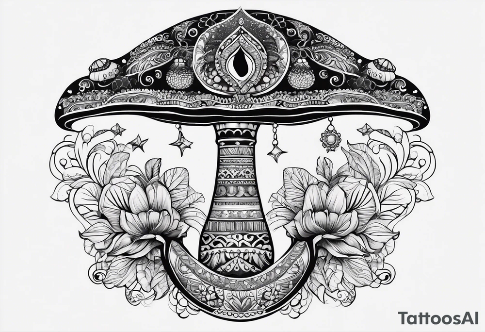 Black mushroom tattoo with henna style mandala crescent moon design surrounding it tattoo idea