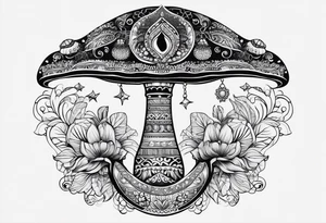 Black mushroom tattoo with henna style mandala crescent moon design surrounding it tattoo idea