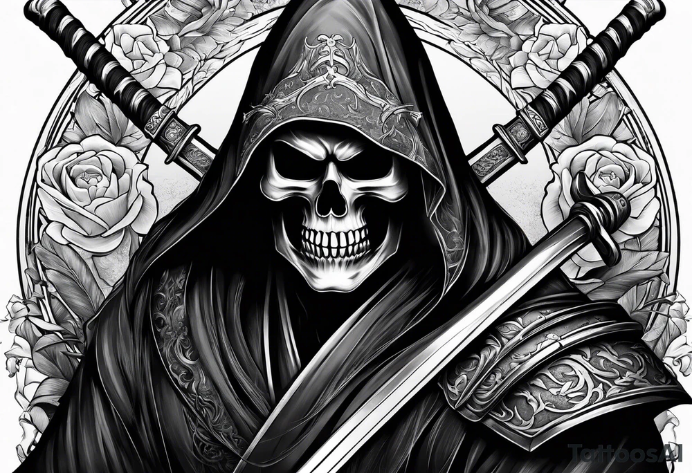 katana with grim reaper and skull tattoo idea