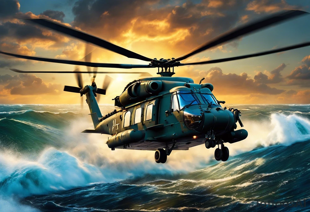 A cinematic-style tattoo depicting a Canadian military CH-148 Cyclone helicopter performing a daring maneuver over a turbulent ocean. The sky should be filled with dramatic clouds, and the sun should be setting, casting long shadows. The helicopter should be the main focus, with intricate details and a sense of motion. In the background, a poppy should be prominently displayed, and a quote from 'Lest We Forget' should be included, black and white tattoo tattoo idea