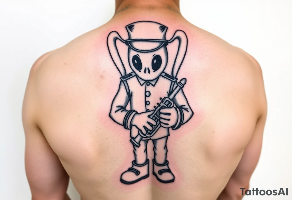 kaws figure wearing Jim Hill High School band uniform holding a mellophone tattoo idea