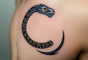 An obsidian black Ouroboros snake forming cyrcle with golden runes carved into its scales, creating a mystical, ancient feel. tattoo idea