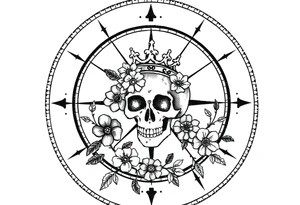 Compass with detailed beautiful gothic boho flowers on vine and skull with gorgeous crown tattoo idea