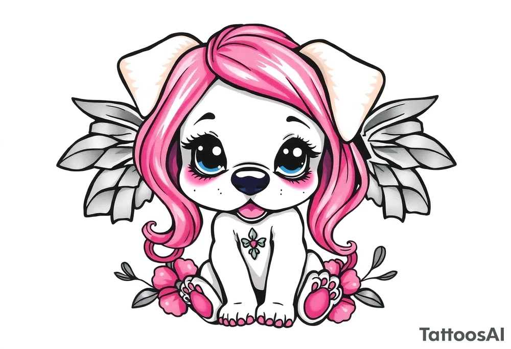 goth sexy puppy girl with big boobs and pink hair full human body tattoo idea