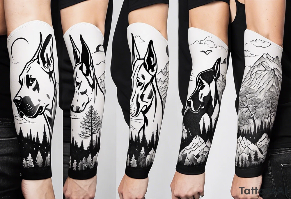 Arm sleeve that has 4 Great Dane heads mixed in with other fill work that resembles the outdoors tattoo idea