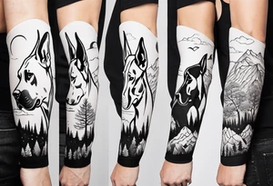 Arm sleeve that has 4 Great Dane heads mixed in with other fill work that resembles the outdoors tattoo idea