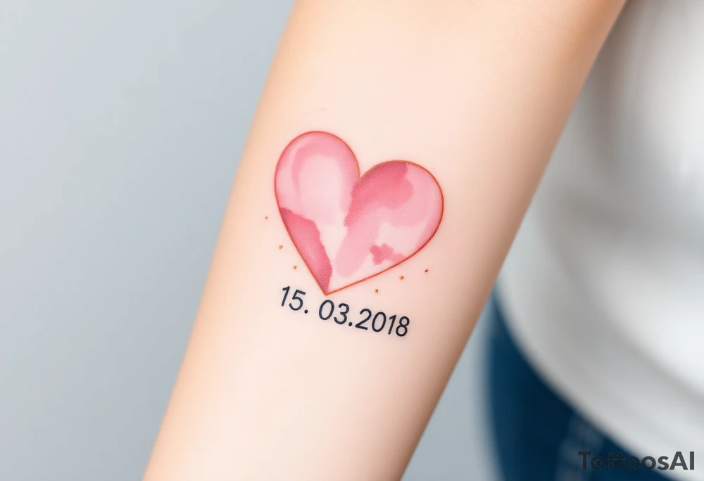 A soft watercolor heart in pastel pink and ivory, with golden dust accents, with wedding date 15.03.2018 tattoo idea
