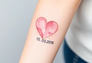 A soft watercolor heart in pastel pink and ivory, with golden dust accents, with wedding date 15.03.2018 tattoo idea