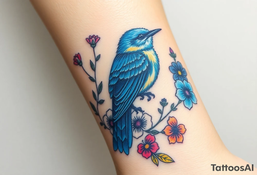 powerful majestic bluebird surrounded by wild flowers tattoo idea
