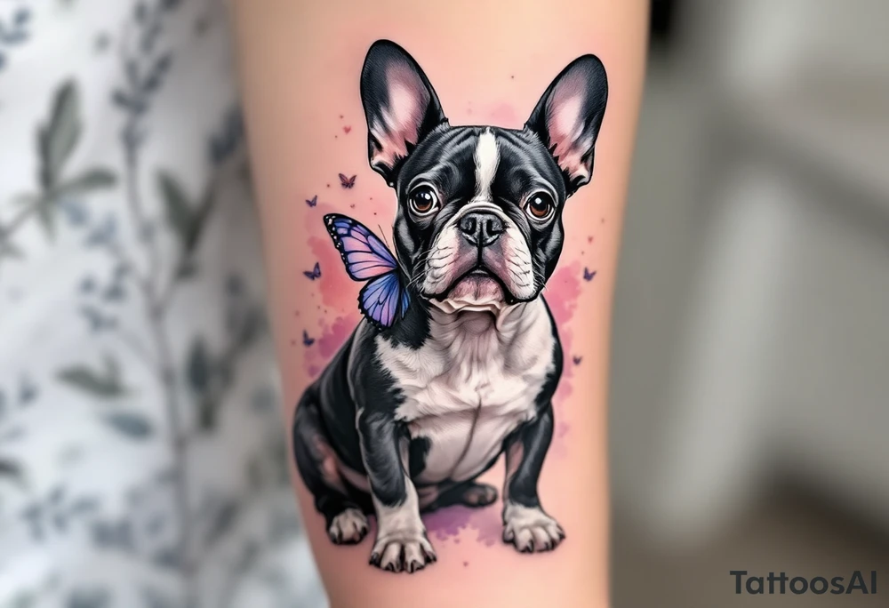 Black and white French Bulldog with butterfly wings, sitting calmly with a soft watercolor background in pastel pinks and purples. tattoo idea