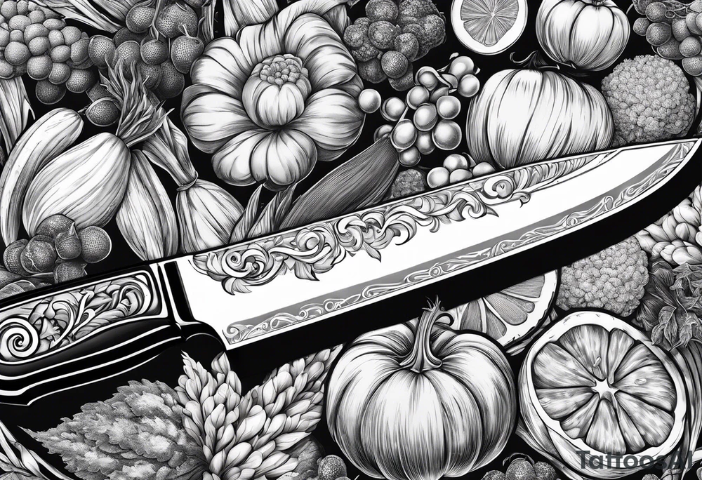 Chef knife with vegetables inside blade tattoo idea Chef knife with vegetables inside blade tattoo idea