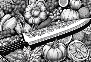 Chef knife with vegetables inside blade tattoo idea