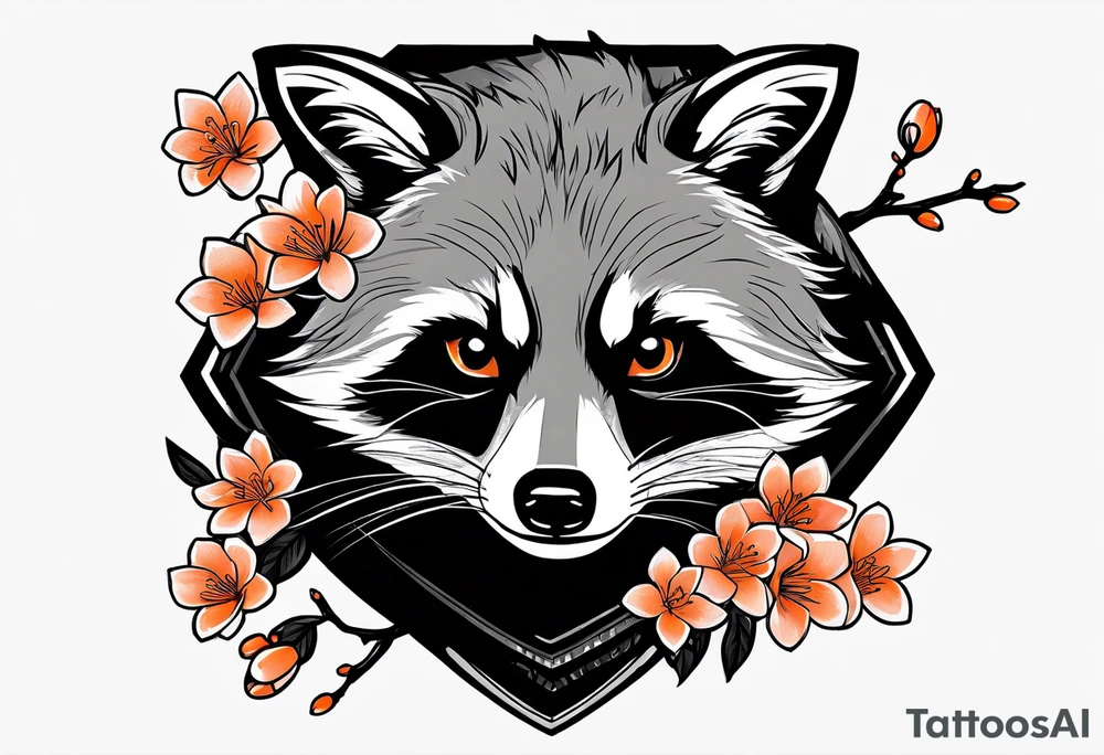 raccoon wearing a black and white Superman hoodie and orange Japanese cherry blossoms tattoo idea