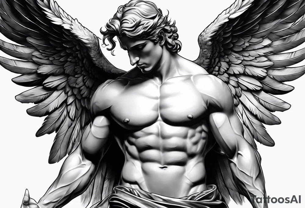 male muscular greece fallen angel tattoo idea