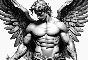 male muscular greece fallen angel tattoo idea