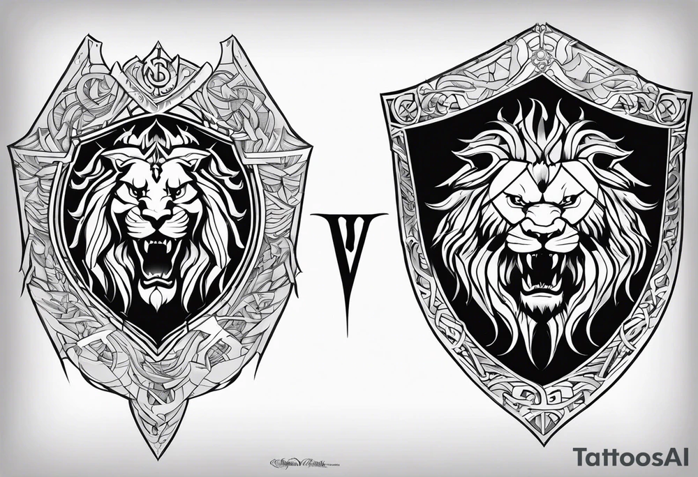 Valhalla shield sword lion dragon runes tattoo idea