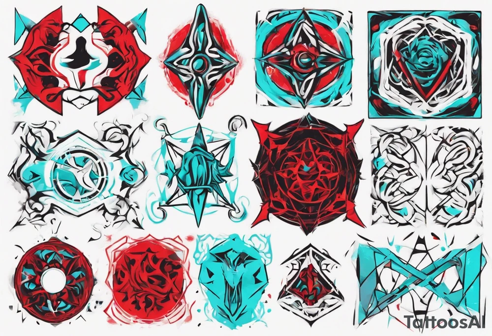 an art in the style of abstract, cutchulu, textured pigment planes, red and cyan, stencil art tattoo idea