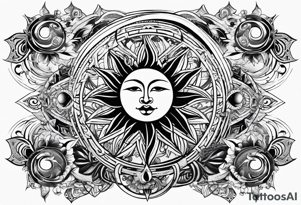 Sun in the middle with warrior symbols around it tattoo idea