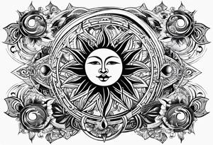 Sun in the middle with warrior symbols around it tattoo idea