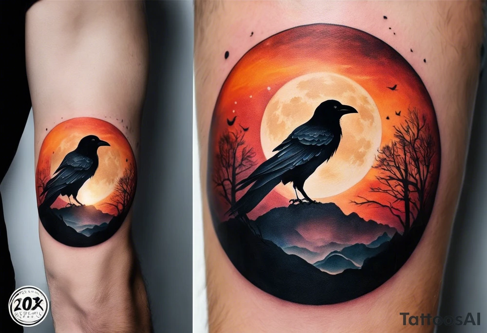 Ying-yang tattoo on mans forearm, where one side captures the night sky with a bright full moon, and the other side showcases the warm hues of a sunset. The moon side features a stunning depiction of a crow in flight, adding a touch of magic and wonder to the design. On the sunset side, the small silhouettes of a man, woman, and two teenage boys walking toward the sunset create a sense of togetherness and family. Around the circle the words "Life is hard, you have to change" are written in child's writing tattoo idea