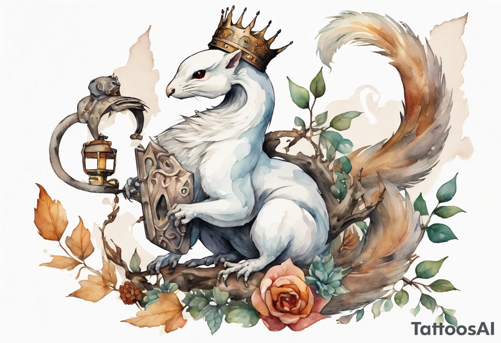 a white bird-serpent hybrid, wearing a iron crown, attacking a squirrel dressed in a tunic tattoo idea