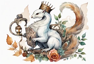 a white bird-serpent hybrid, wearing a iron crown, attacking a squirrel dressed in a tunic tattoo idea