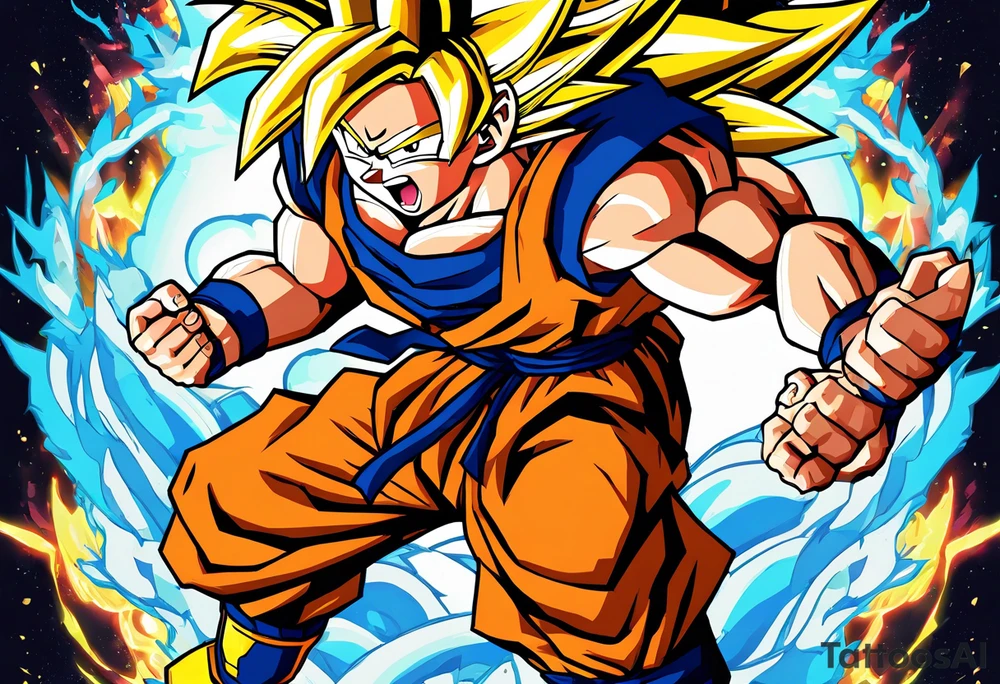 Son-Goku as a super saiyajin . A huge dragonball surrounds the whole scenery. Gokus friends are surrounding him as shadows tattoo idea