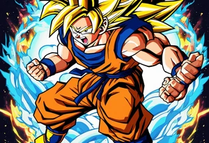 Son-Goku as a super saiyajin . A huge dragonball surrounds the whole scenery. Gokus friends are surrounding him as shadows tattoo idea