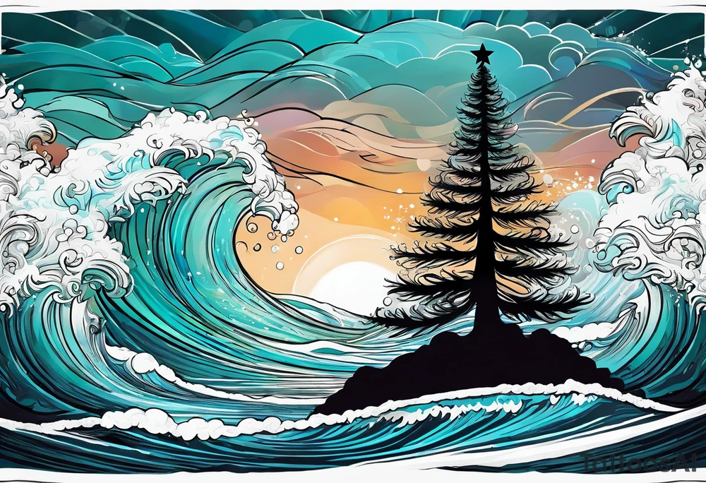 Christmas tree. Ocean waves. Words “salt air”. tattoo idea