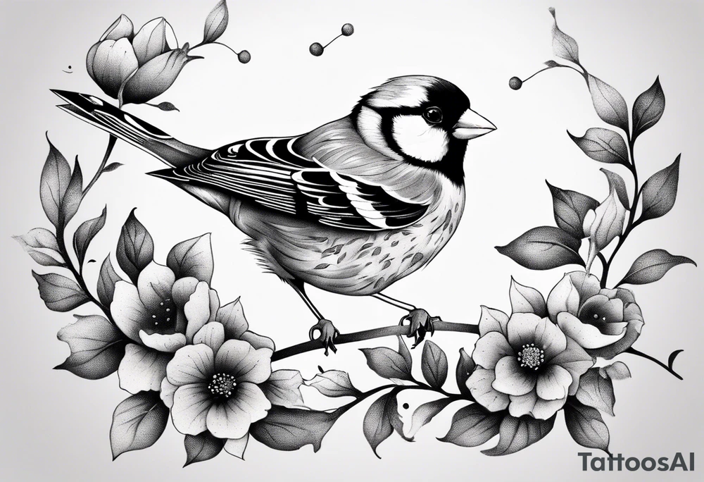 Generate a tattoo design of a goldfinch surrounded by delicate vines, emphasizing its bright colors and playful nature tattoo idea