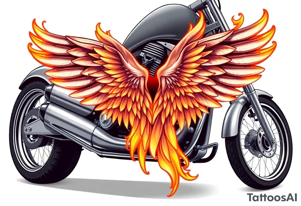 Low rider grey motorcycle, big muffler pipes with flames, angel wings tattoo idea