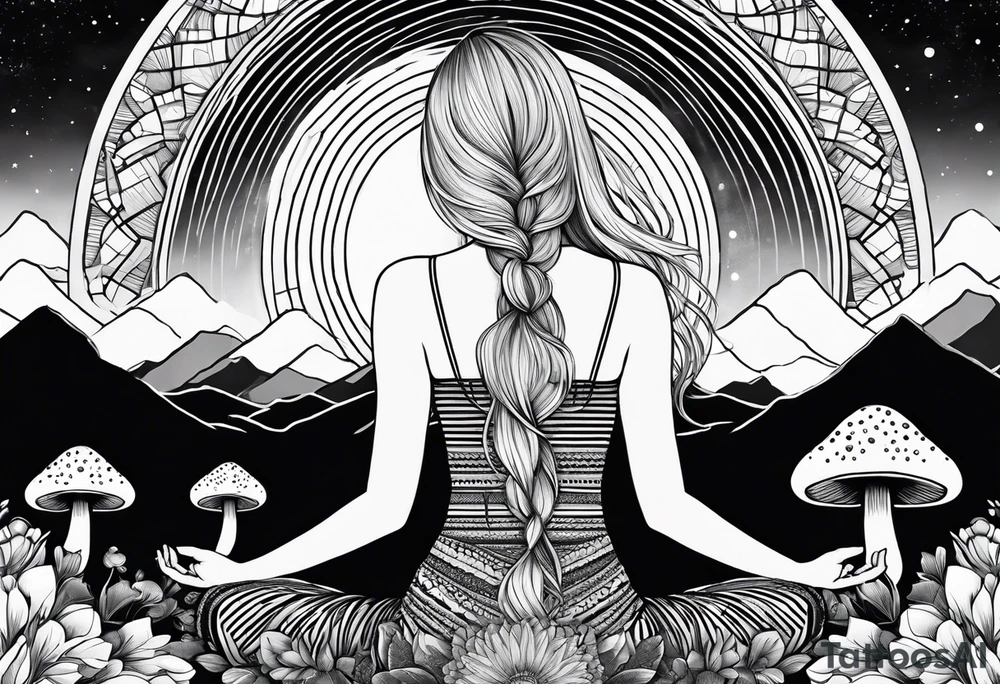 Straight blonde hair girl meditating facing away toward mountains surrounded by mushrooms crescent moon mandala circular design black and white striped dress tattoo idea