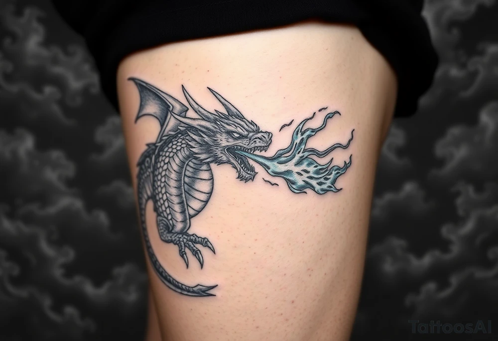fierce dragon breathing iridescent fire against stormy skies tattoo idea
