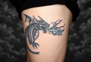 fierce dragon breathing iridescent fire against stormy skies tattoo idea