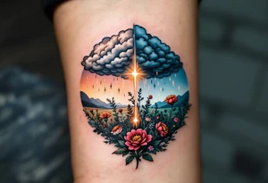 A storm cloud on one side and a field of blooming flowers on the other, connected by a glowing thread, symbolizing the consequences of past choices. tattoo idea